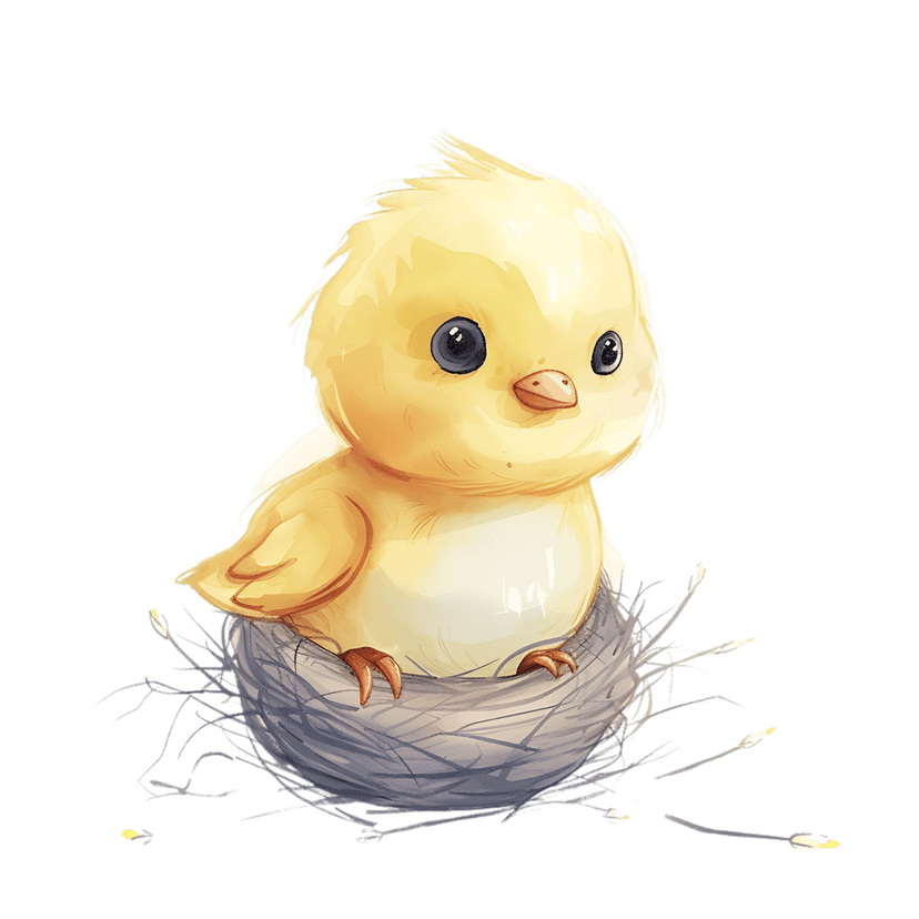 Yellow chick watercolor painting sitting in a woven twig nest with green leaves and soft feather textures.