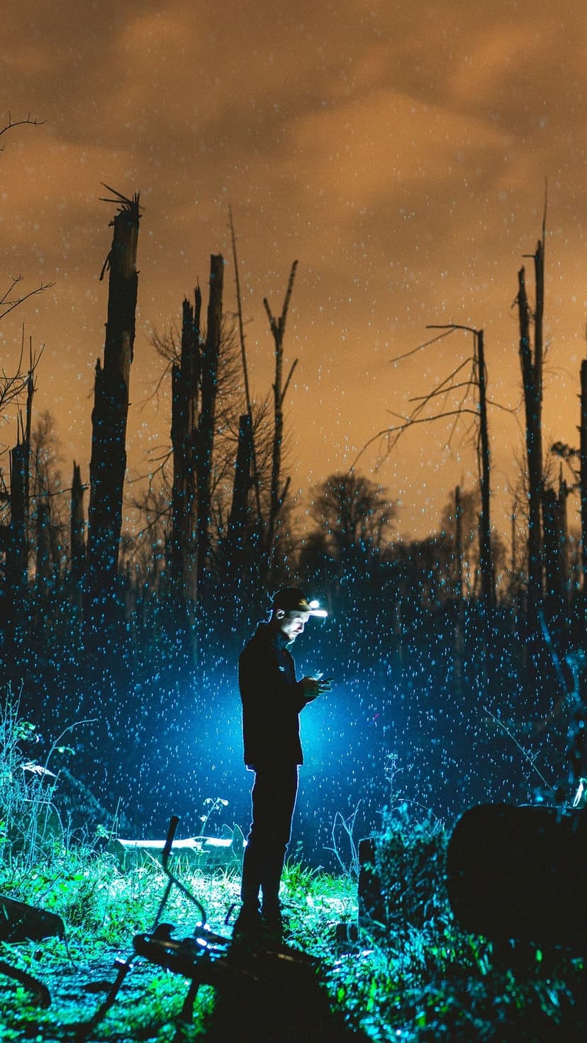 Person with a glowing headlamp stands among charred trees under an orange sky with falling snow particles.