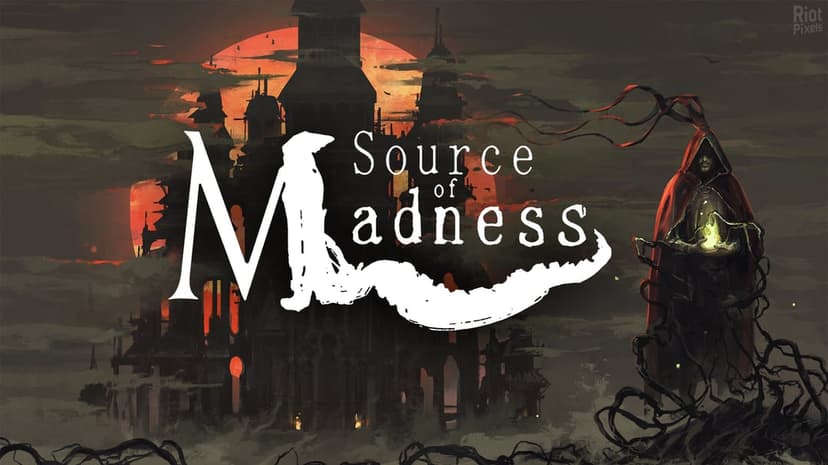 Hooded figure holding green fire before a gothic city and massive orange moon in Source of Madness game art.