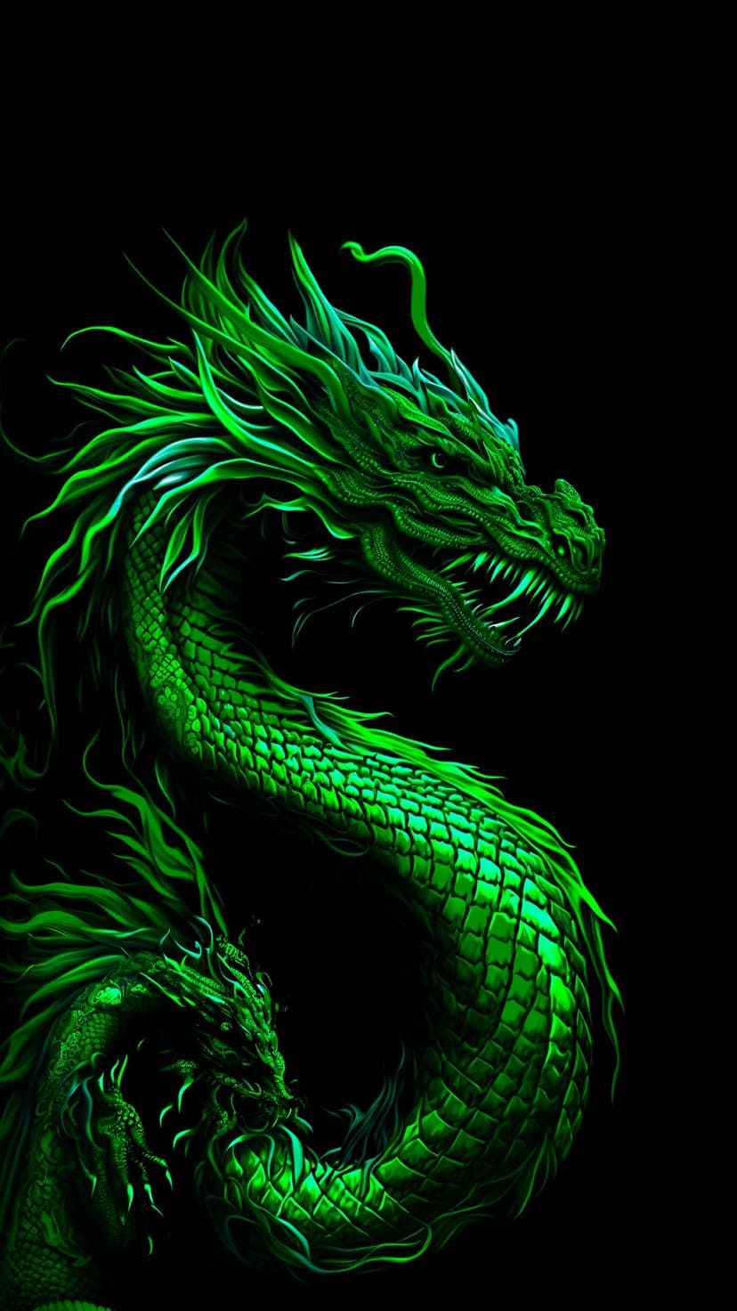 Green dragon with glowing scales and sharp teeth coiled against a solid black background in a vertical view.