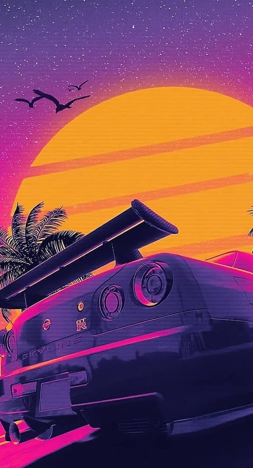 Nissan Skyline car parked on a road with a giant glowing sun, palm tree silhouettes, and a purple starry sky.