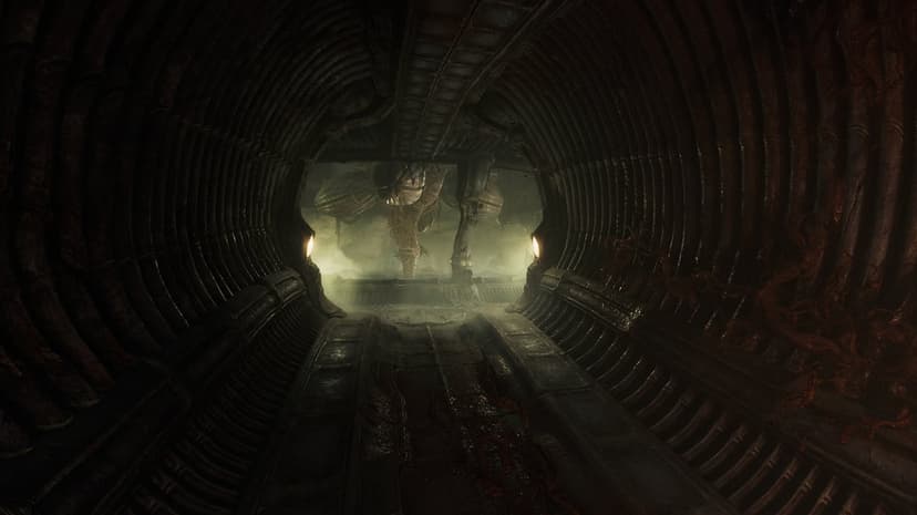 Fleshy rib-like organic tunnel leading to a misty chamber with a tall biomechanical pillar and eerie light.