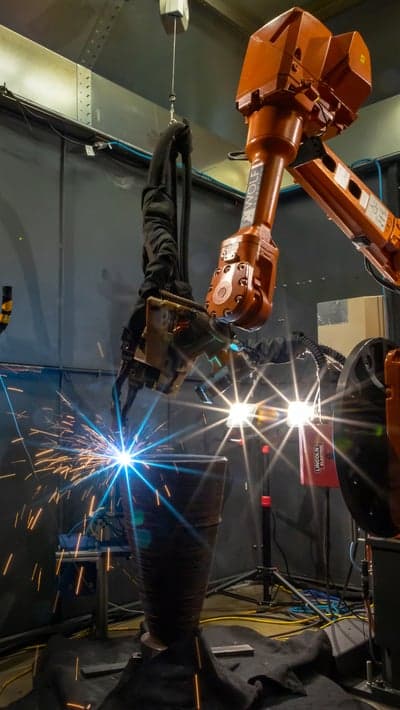 Industrial Robot Welding Large Metal Object with Sparks Flying