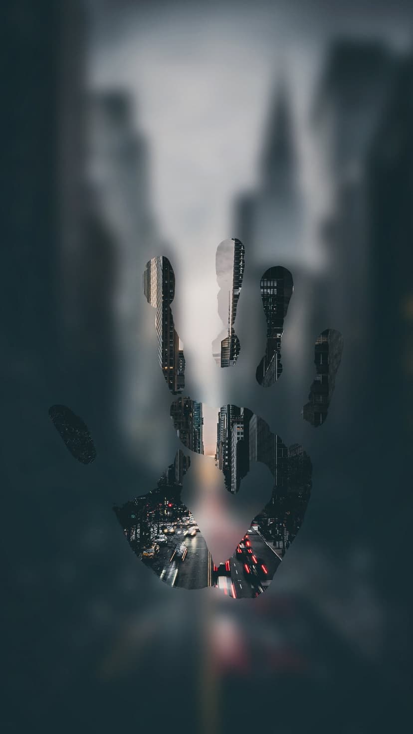 Human handprint silhouette revealing a sharp night cityscape with glowing lights against a blurred urban background.