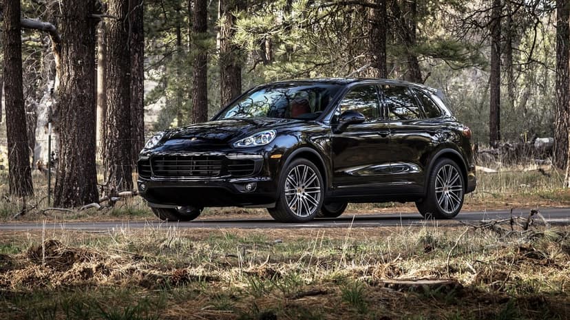 Black Porsche Cayenne SUV parked on a forest road with tall pine trees and dappled sunlight reflections.