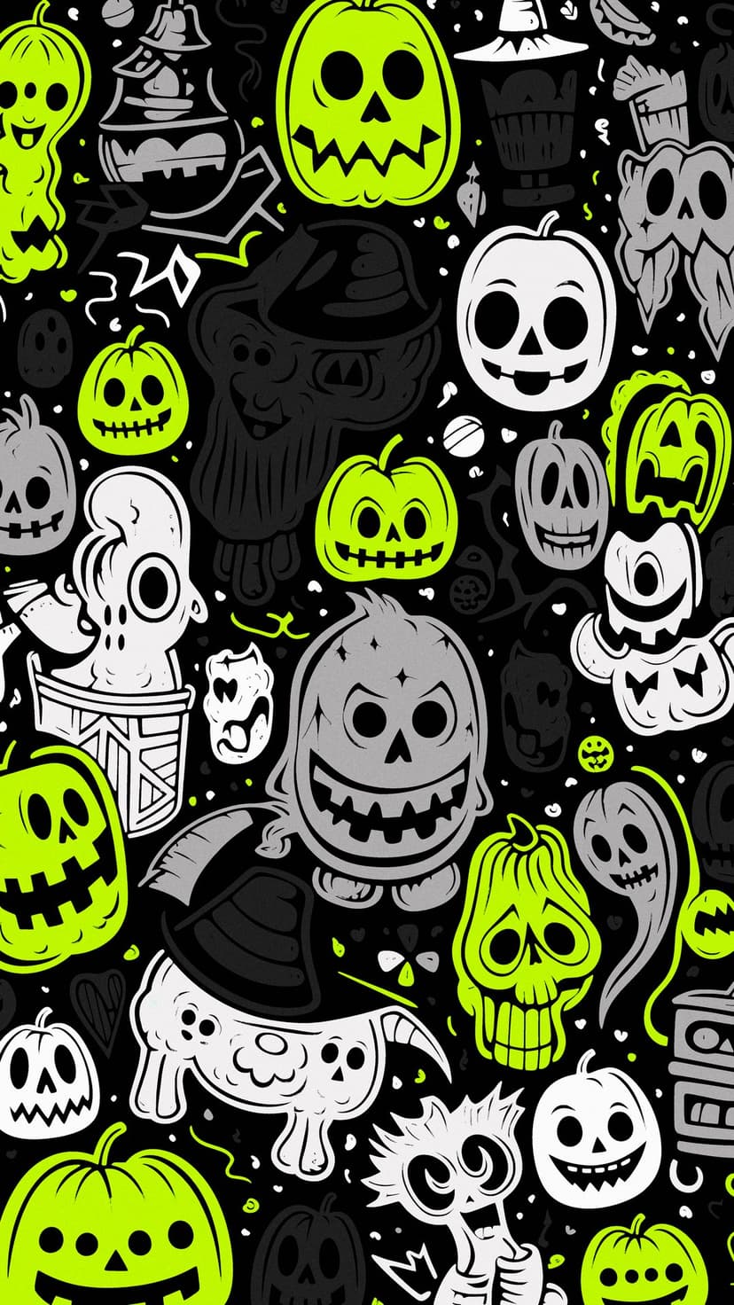 Grinning neon pumpkins, skeletons, and ghosts repeat in a seamless dark pattern on a vertical screen.
