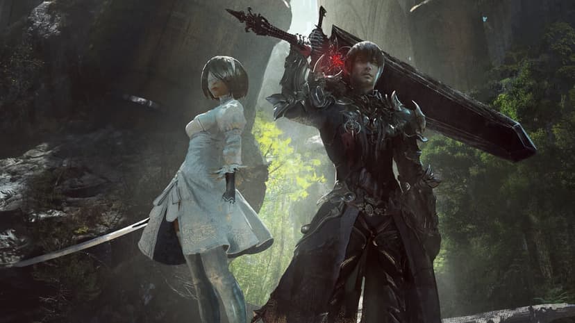 Dark knight with a giant sword and a woman in a white dress stand in a sunlit, rocky forest landscape.