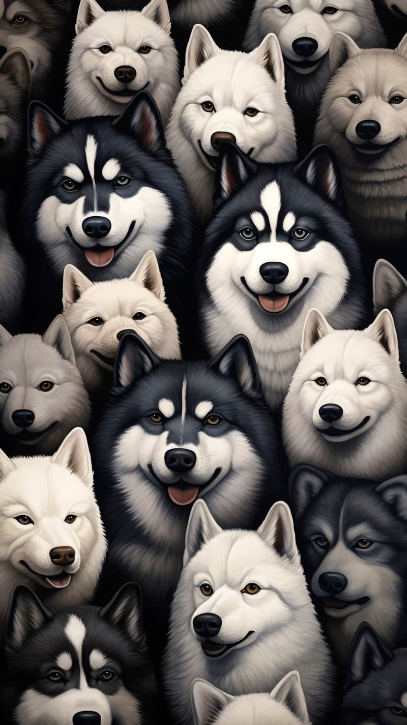 Siberian huskies with thick fur and multicolored eyes pose closely in a soft, vertical portrait orientation.