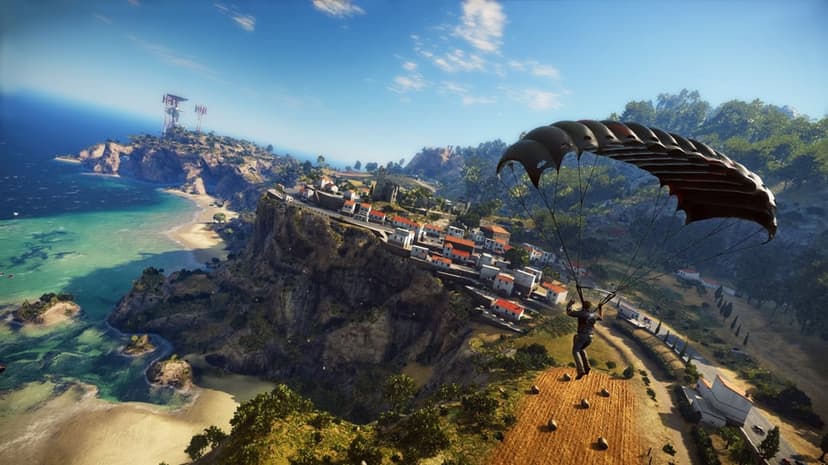Character parachuting over a coastal village with white houses, red roofs, rugged cliffs, and turquoise sea.