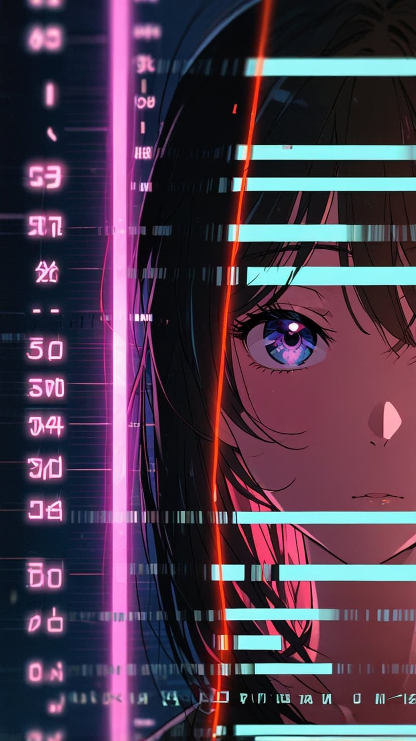 Young woman with bright blue eyes and pink neon light reflections amidst digital distortion and glitch effects.