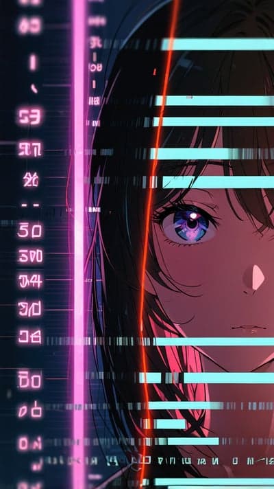 Synthwave Anime Woman Glitch Effect Phone Wallpaper