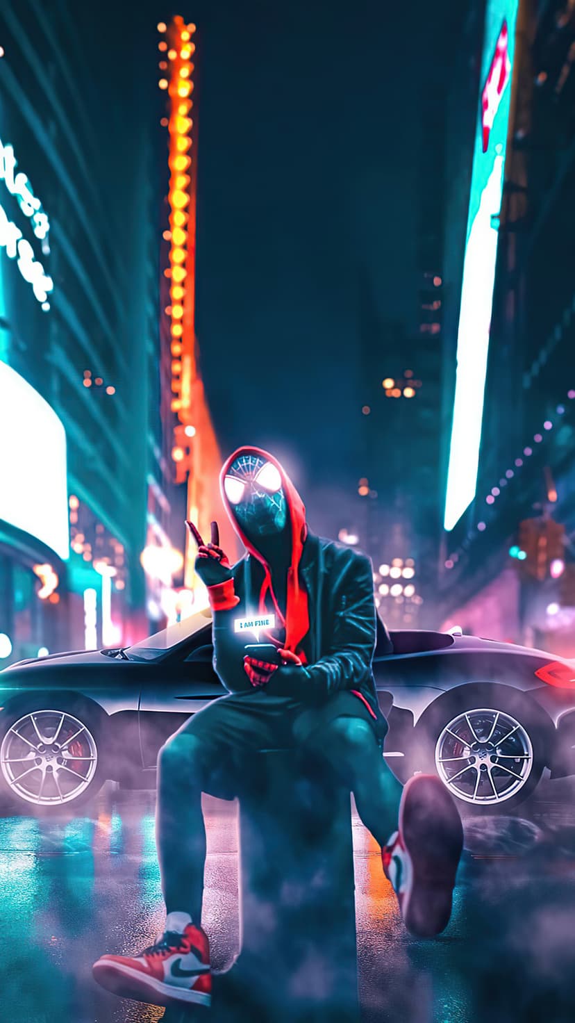 Miles Morales sits on a stone block making a peace sign in a glowing neon city beside a reflective sports car at night.