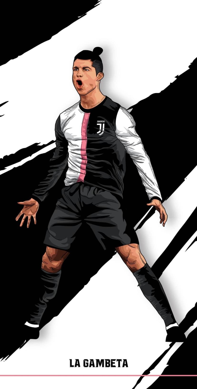 Cristiano Ronaldo in a black and white Juventus jersey shouting with a top knot hairstyle and pink accents.