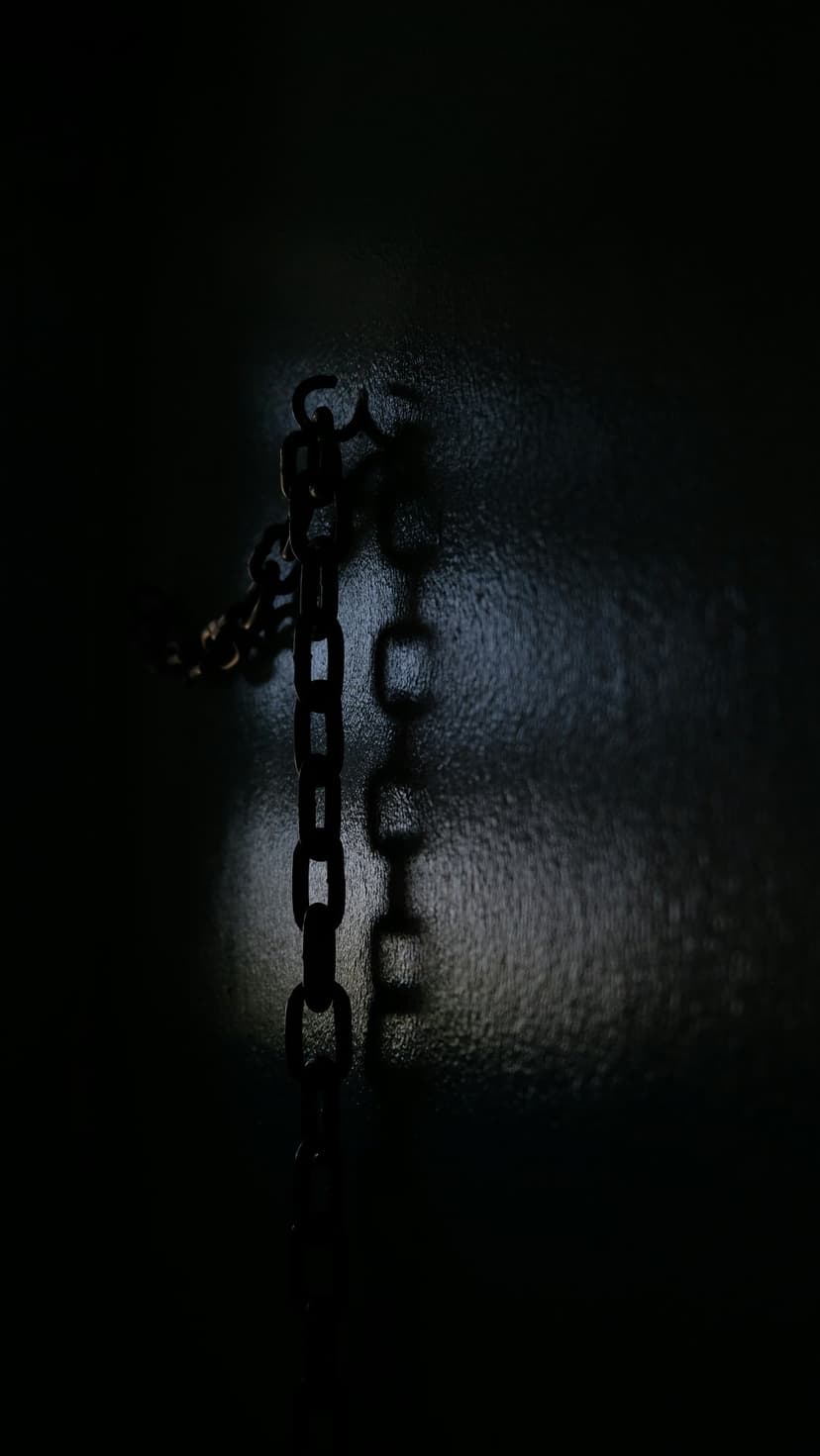 Heavy iron chain links hang vertically, casting a distinct shadow on a dark, rough-textured masonry surface.