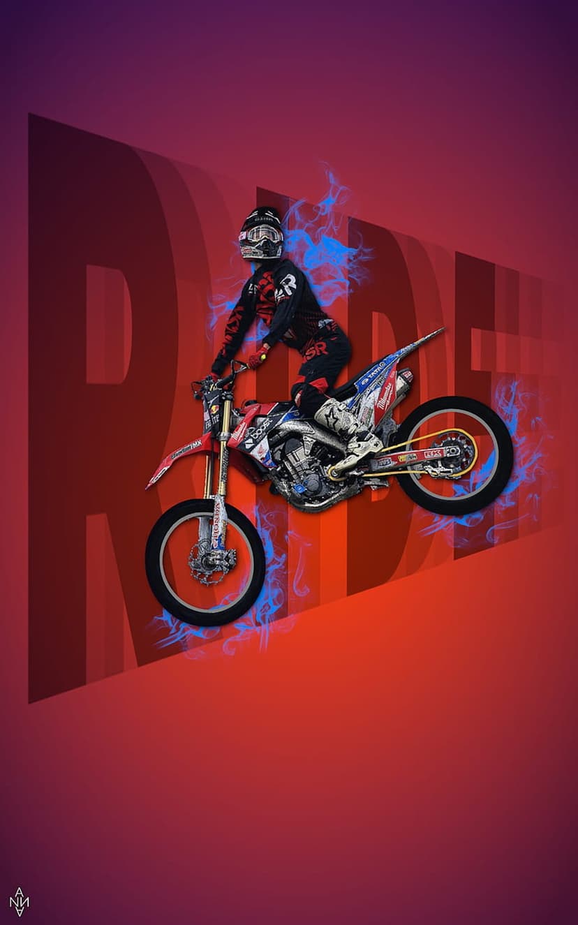 Motocross rider mid-air on a red bike with blue flames and large 3D RIDE text against a purple red gradient.