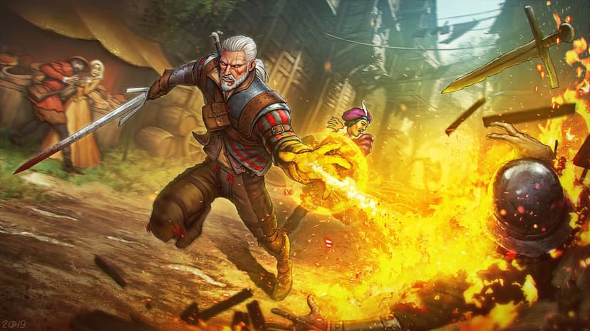 Geralt of Rivia casts a stream of fire from his hand while wielding a sword in a crowded town square.