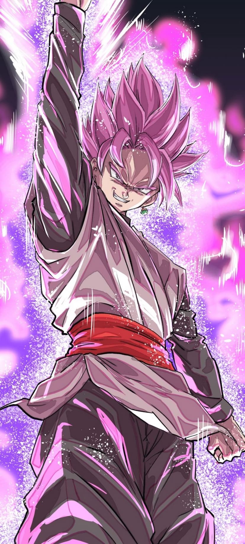 Goku Black in Super Saiyan Rose form raises an arm while surrounded by a glowing magenta and pink energy aura.