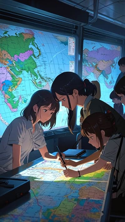 Anime students study world map in control room