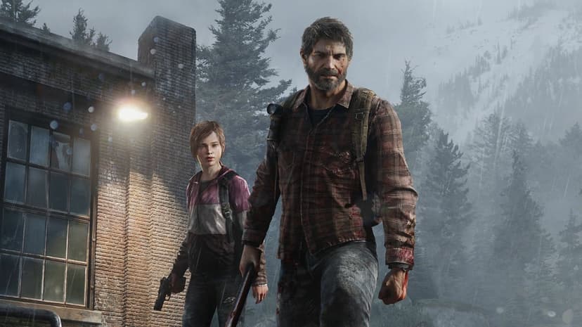 Joel and Ellie stand in a rainy forest holding weapons near a brick building in a gritty survival scene.