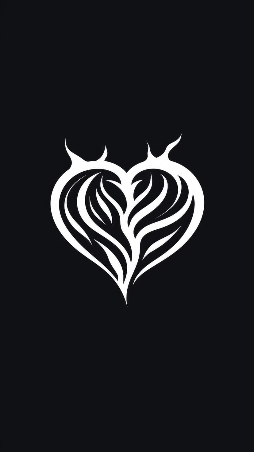 White tribal heart with sharp stylized flame patterns and symmetrical curves centered on a solid black background.