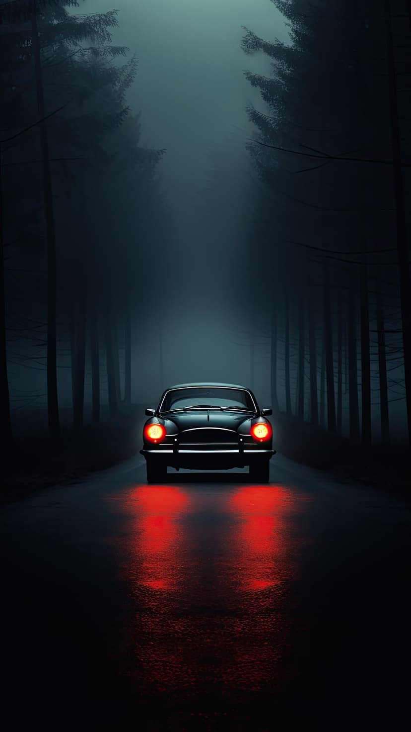 Vintage black car with red glowing headlights driving on a wet forest road shrouded in thick nighttime fog.