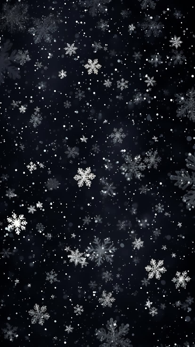 Intricate white snowflakes drift through a pitch-black winter night sky with high contrast and soft lighting.