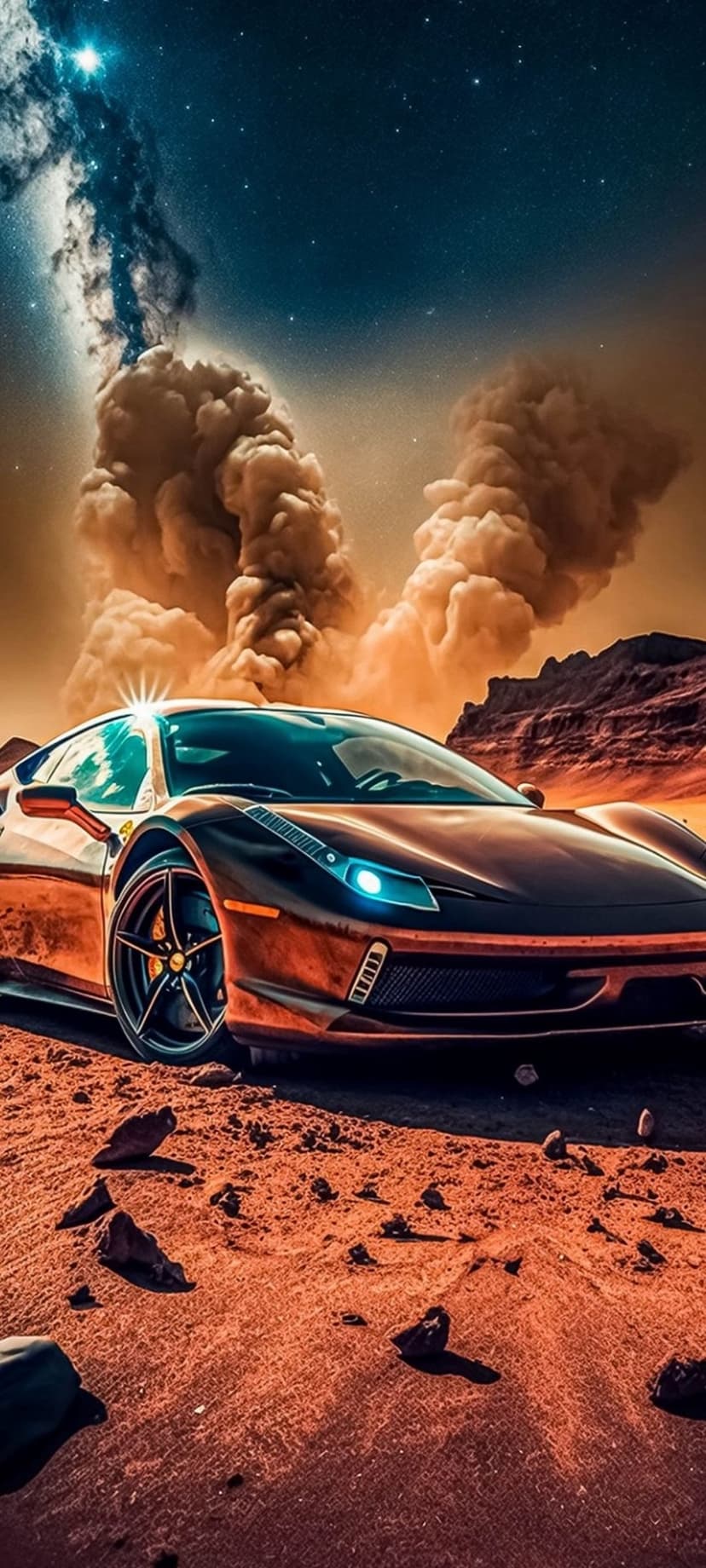 Dark red Ferrari sports car parked on rocky Mars soil beneath a swirling reddish nebula and star-filled night sky.