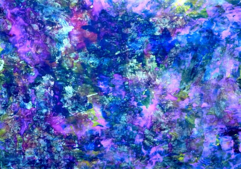 Vertical swirls of cobalt and amethyst oil paint intersect with textured green and pink marks across the canvas.