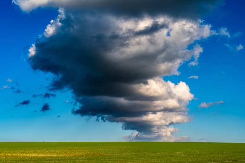 Dark storm clouds tower over a bright green field under a partially clear blue sky in vertical orientation.