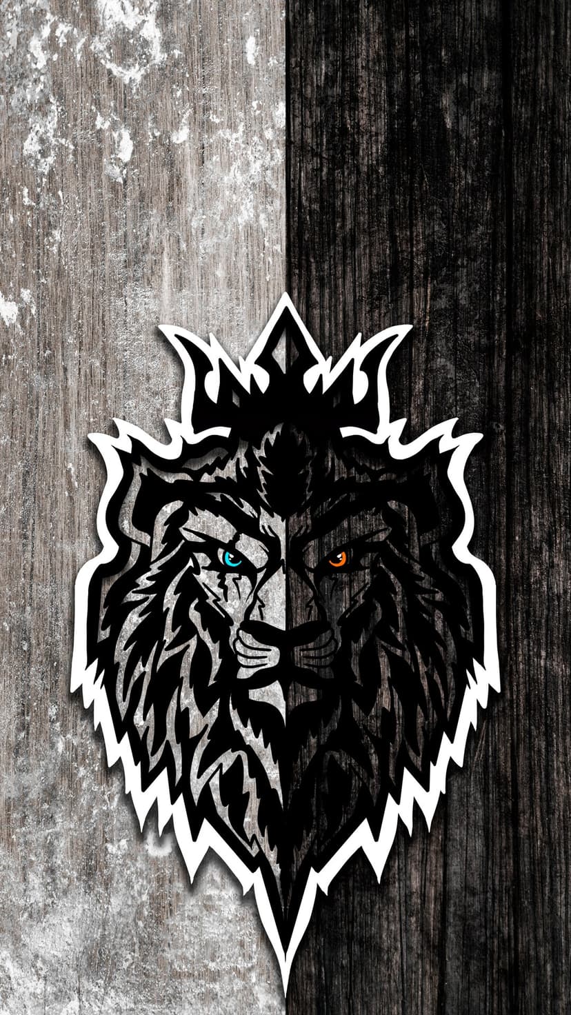 Lion head logo with blue and orange eyes centered on a vertical split rustic wood grain background.