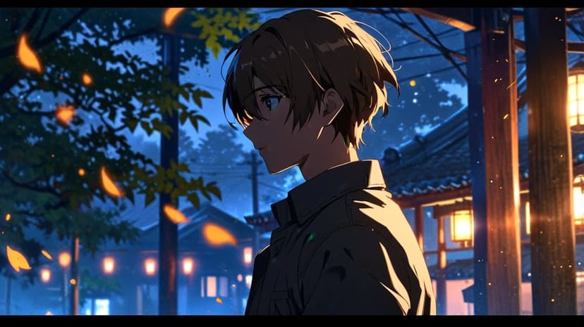 Young man in profile stands before glowing paper lanterns and traditional Japanese buildings at night with leaves.