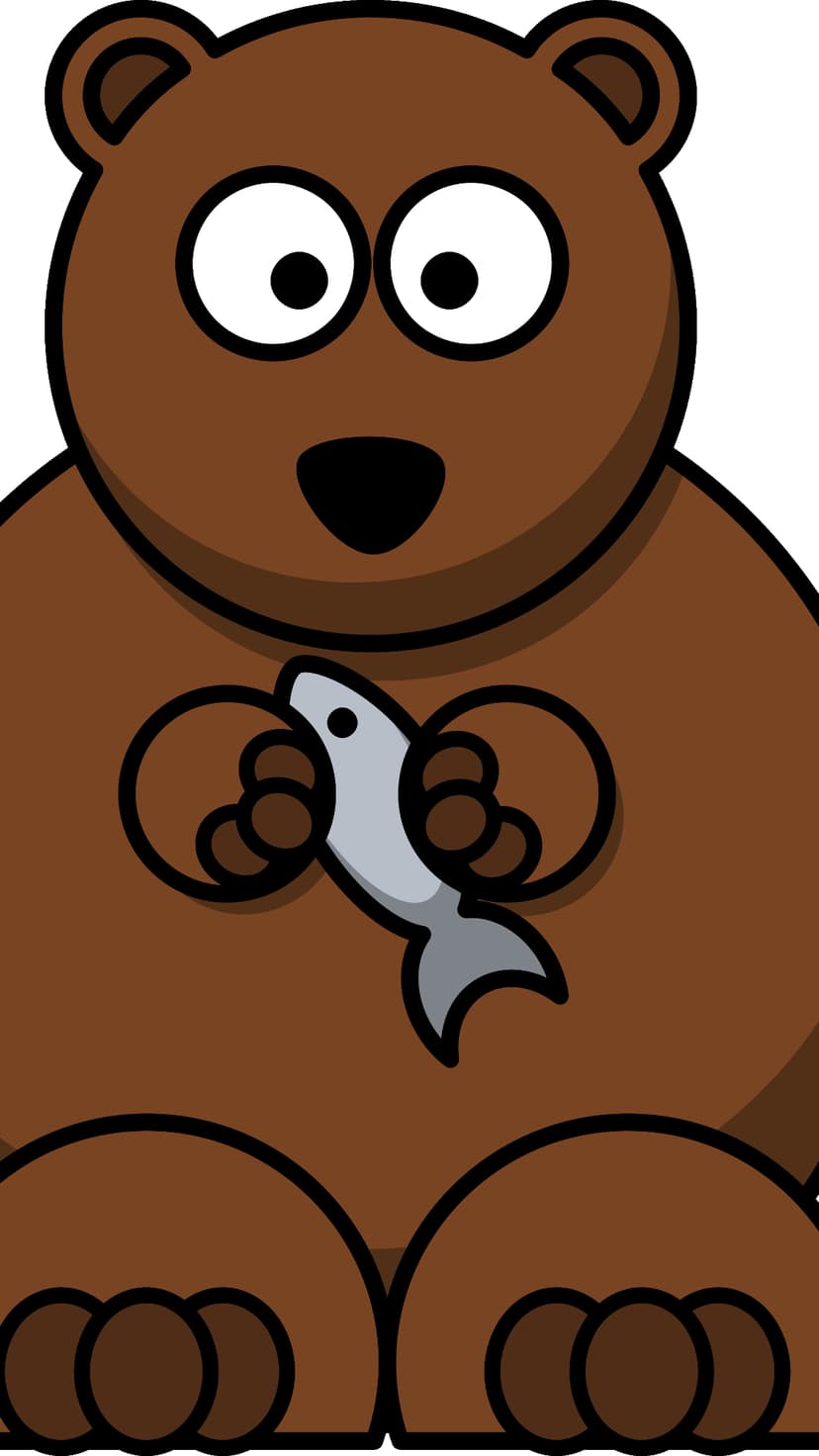 Brown bear cub with large white eyes sits while holding a small silver fish in its paws against a plain background.