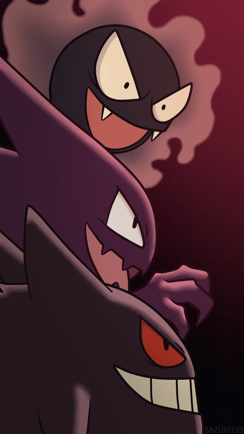 Gastly Haunter and Gengar stacked vertically against a dark red and purple background with dramatic lighting.