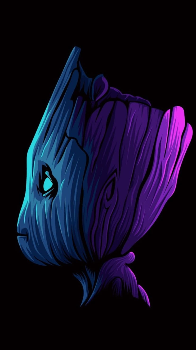 Groot with glowing blue and purple neon highlights and a single expressive eye against a dark black background.