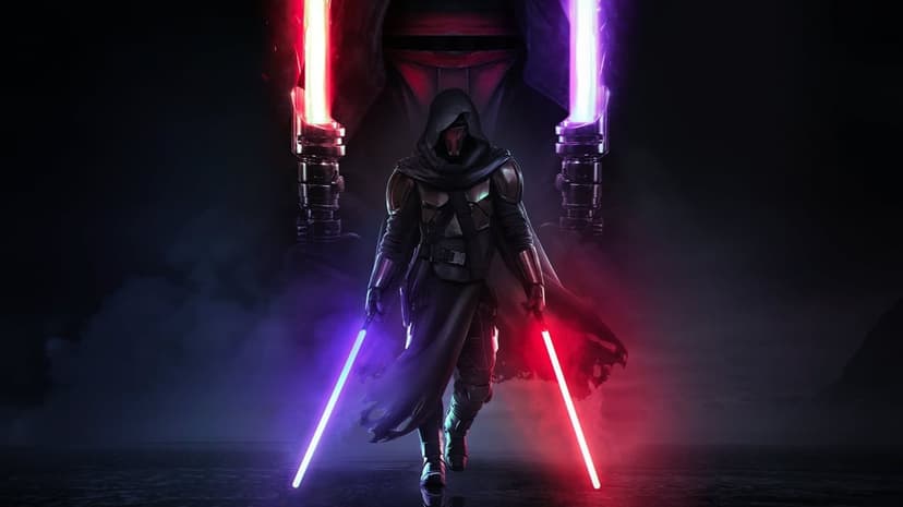 Darth Revan walking forward with red and purple lightsabers under a giant mask in a dark misty environment.