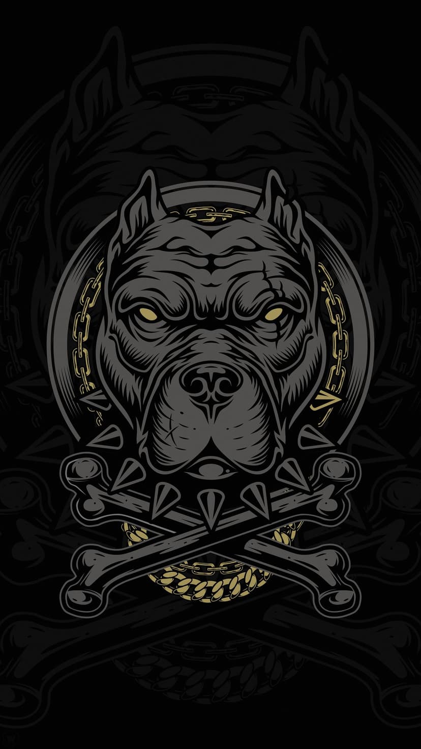 Pitbull head with glowing yellow eyes, a spiked collar, gold chains, and crossed bones against a dark background.