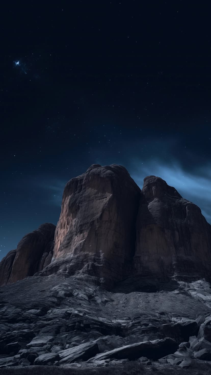 Jagged rocky mountain peaks rise into a dark indigo night sky filled with bright stars and wispy clouds.