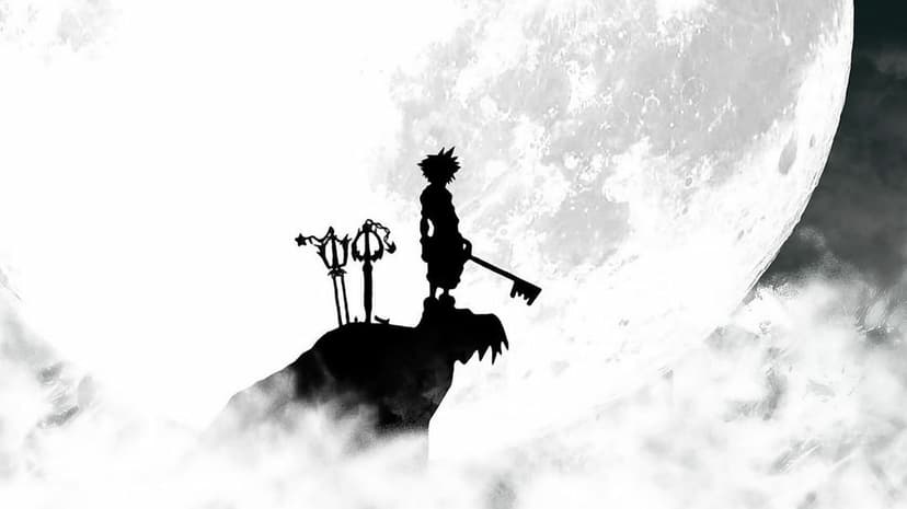 Sora silhouette holding a keyblade on a cliff before a massive moon with misty clouds in black and white.