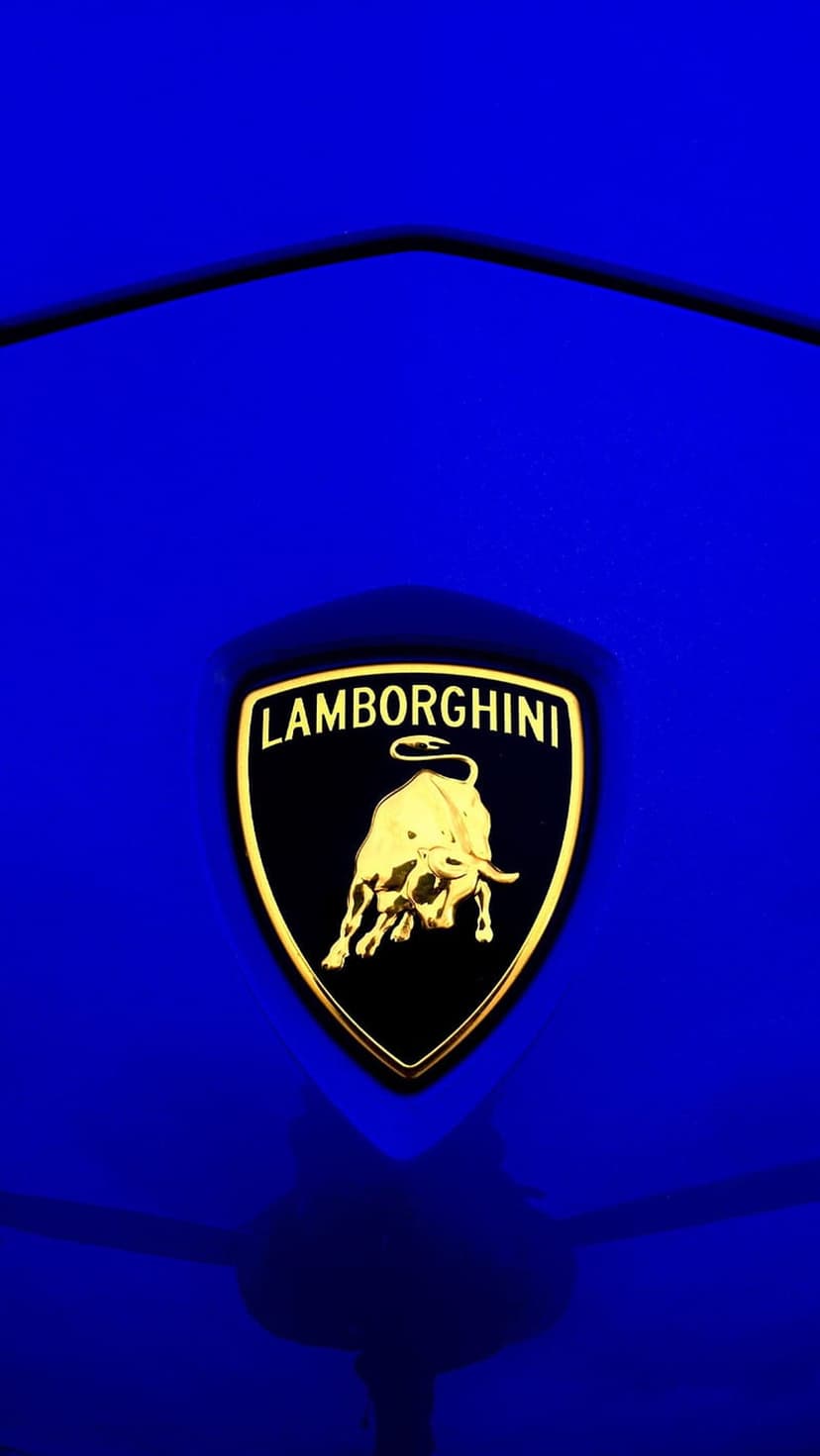 Gold Lamborghini bull emblem centered on a polished dark blue metallic car surface with soft light reflections.