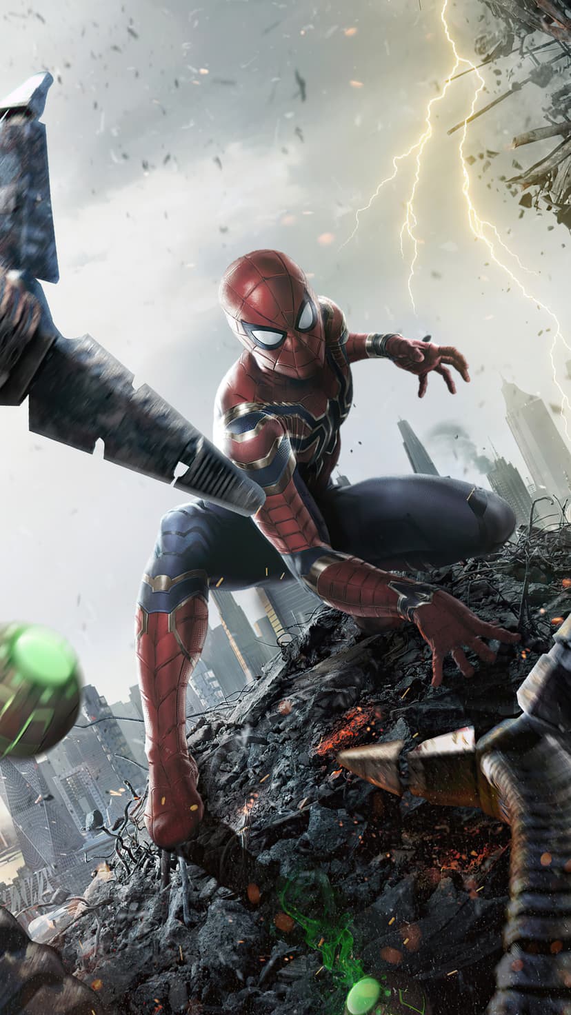 Spider-Man in red and gold armor crouches on rubble with lightning and green explosives in a dark city.