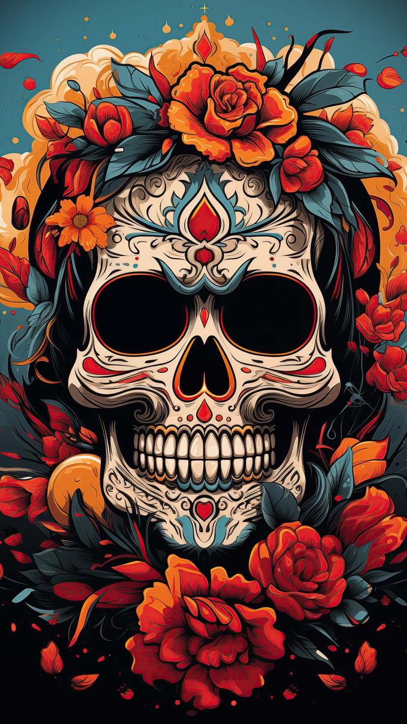 Sugar skull decorated with pink roses and orange marigolds featuring intricate floral and geometric patterns.