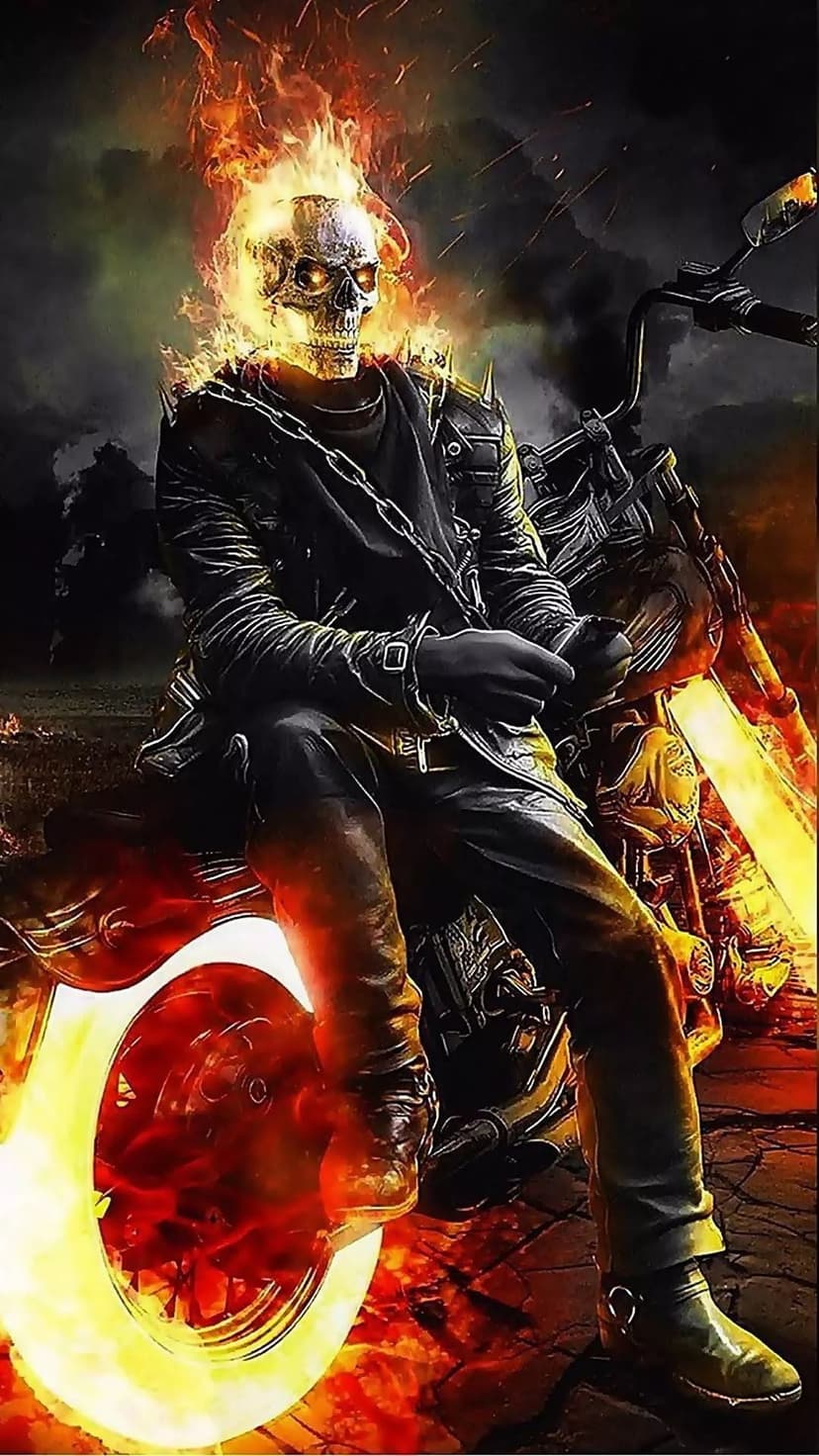 Ghost Rider with a flaming skull and spiked leather jacket sits on a motorcycle with glowing orange wheels.