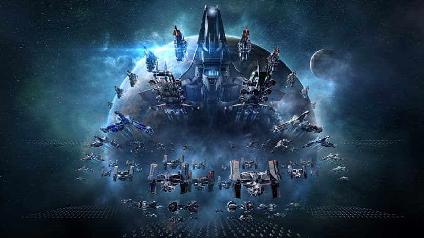 Large fleet of futuristic spaceships in tiered formation over a blue planet in deep space with bright nebulae.