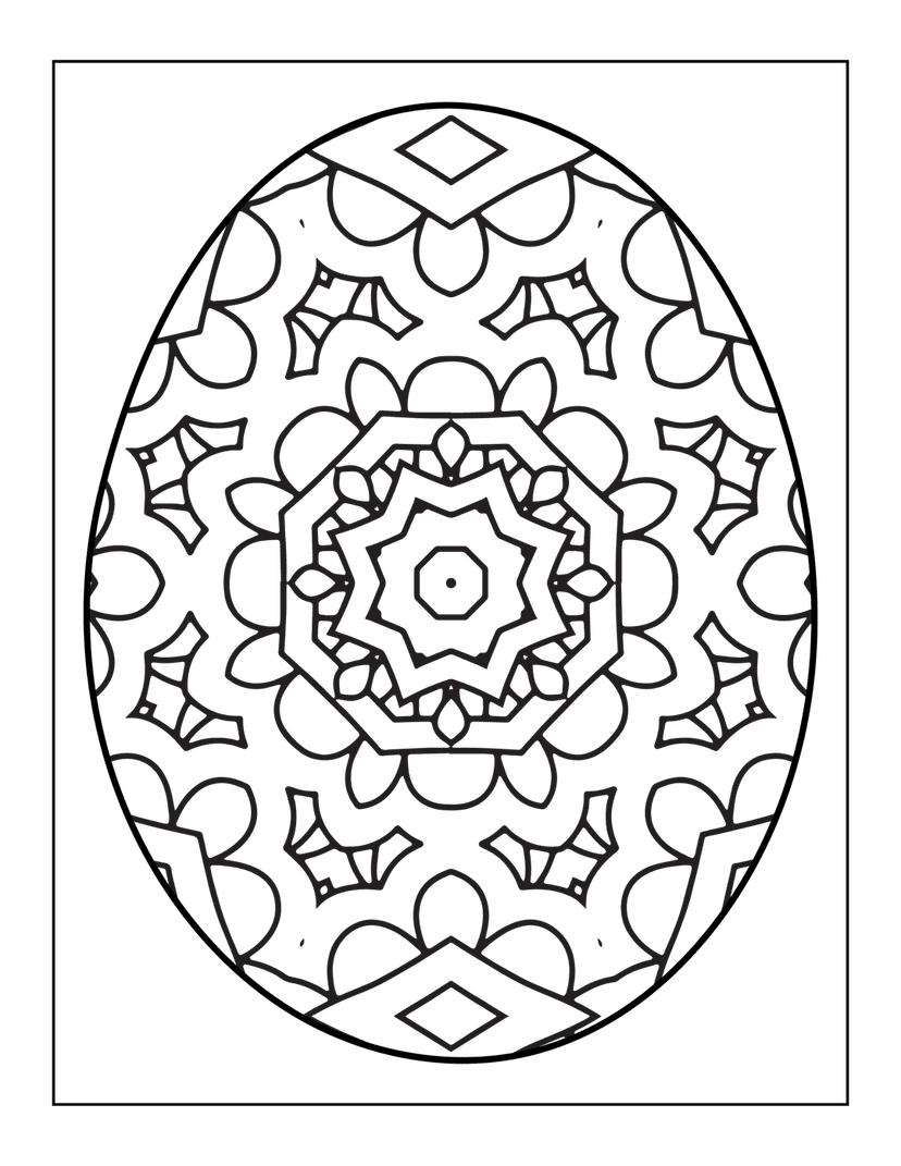 Mandala pattern featuring intricate geometric shapes and floral outlines in a symmetrical black and white composition.