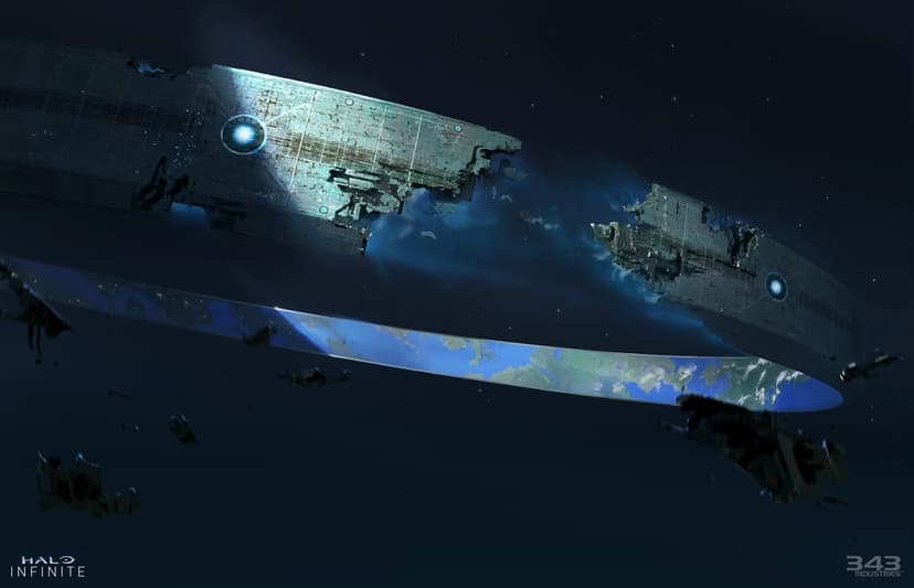 A massive broken metallic ring floating in space with a glowing blue core and a lush inner landscape.