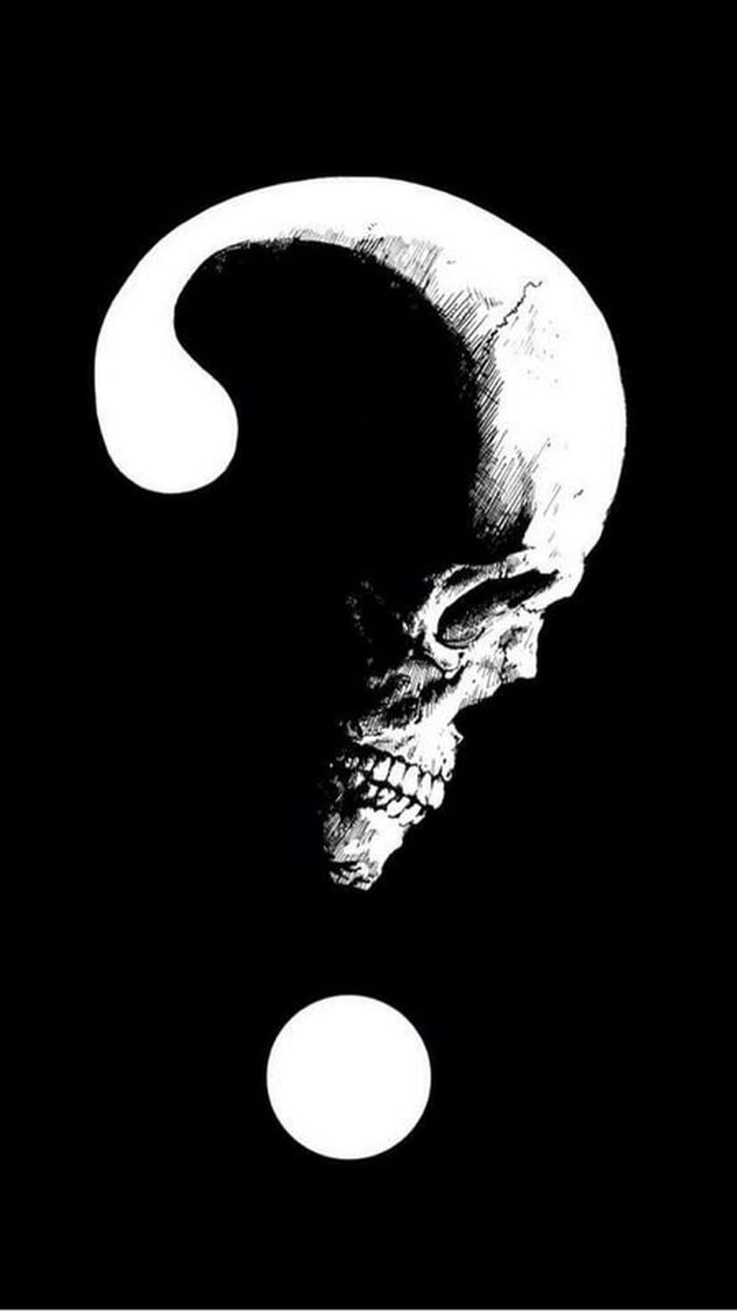 Human skull integrated into the curve of a question mark with a glowing white dot on a solid black background.
