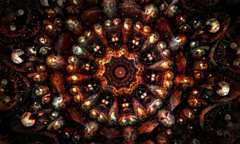 Golden clockwork gears and circular fractal patterns glow with intense orange and red embers in a dark void.