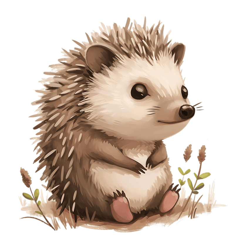 Watercolor hedgehog sitting in green grass shows detailed brown quills and soft fur texture on a white background.