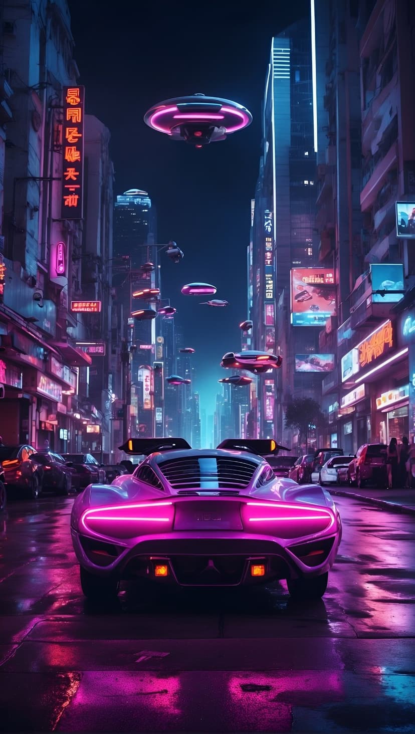 Purple futuristic car cruises a wet neon street while UFOs hover above a dark skyscraper skyline at night.