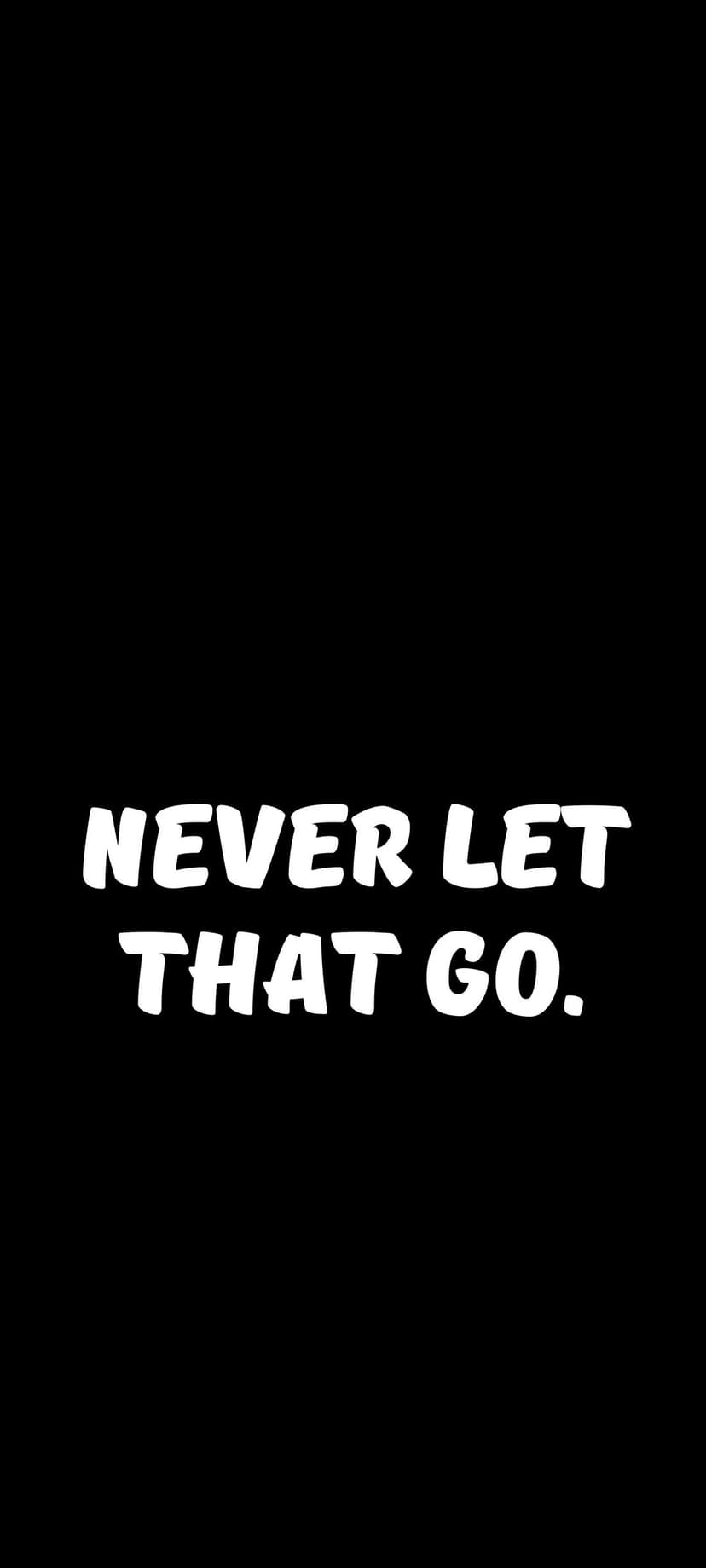 White sans-serif text reading Never Let That Go centered on a solid pitch-black vertical background.